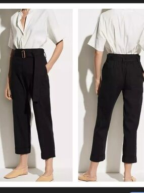 Vince Linen Blend Belted Ankle Trouser Large Black Pockets